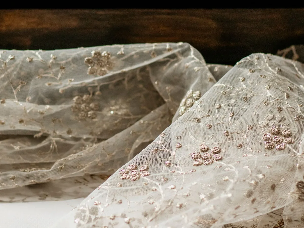 Close-up of embroidered net fabric