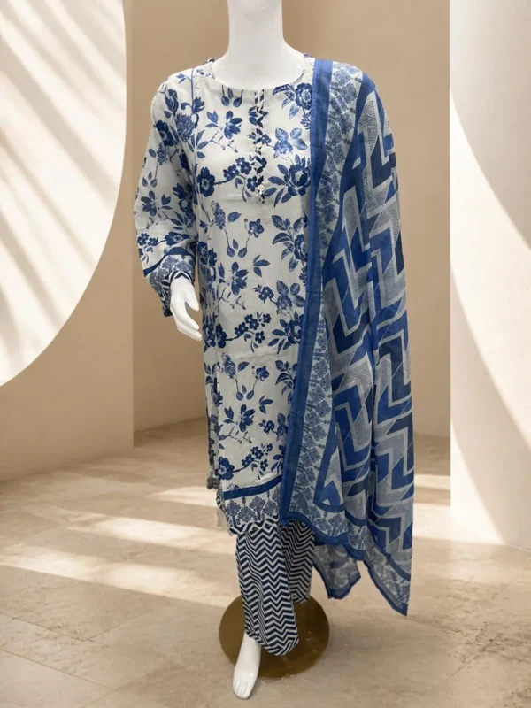 Bonanza Satrangi Blue Blossom 3-Piece Suit – full look on mannequin