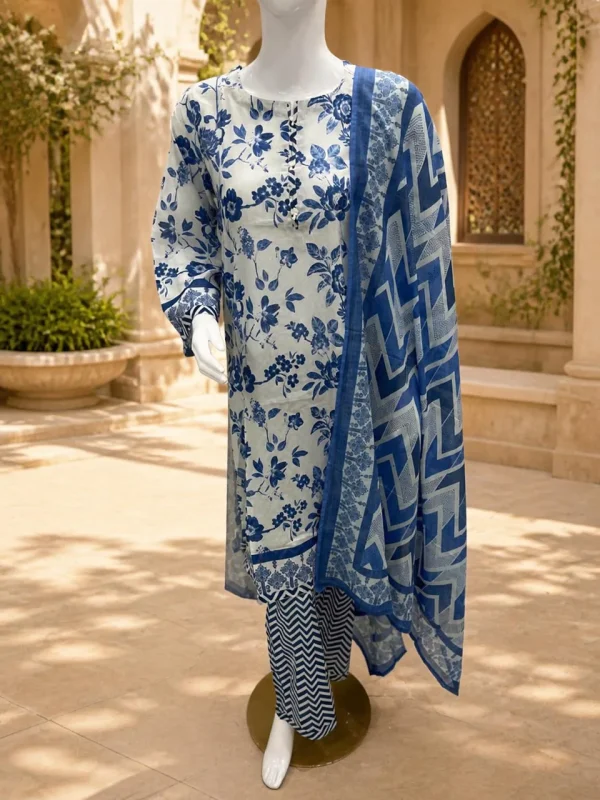 Bonanza Satrangi Blue Blossom 3-Piece Suit – styled with dupatta