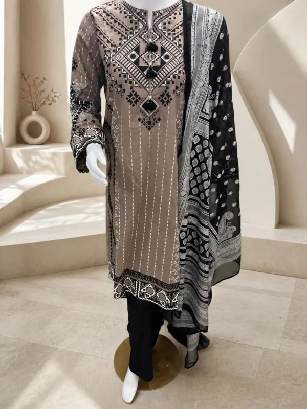Bonanza Satrangi Noir Geometric 3-Piece Suit – full look on mannequin