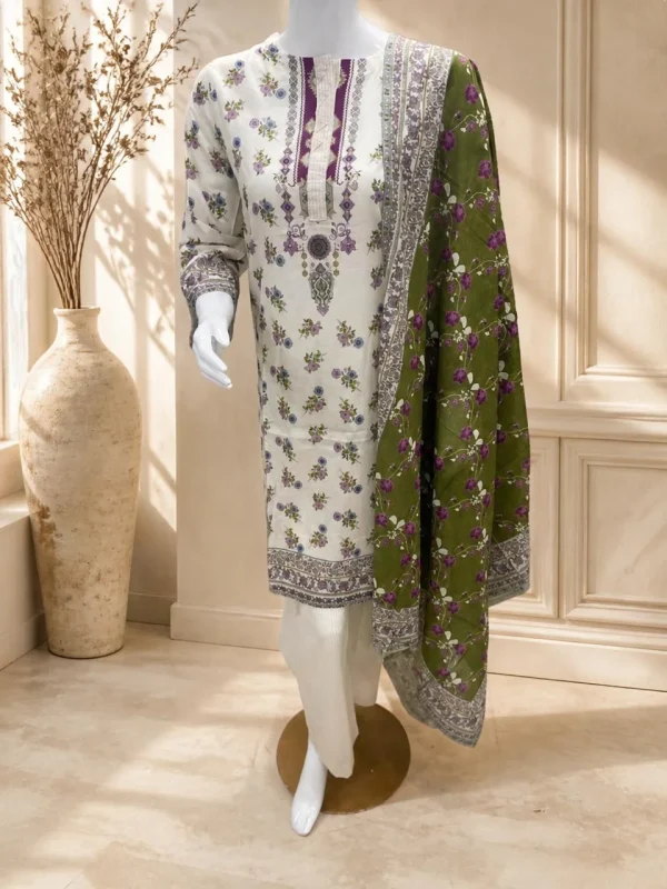 Bonanza Satrangi Olive Bloom 3-Piece Suit – full look on mannequin